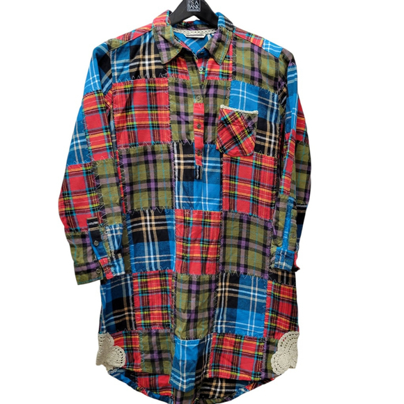 Soft Surroundings Madras Patchwork Flannel Crochet Shirt Dress size Petite Large - Picture 1 of 9